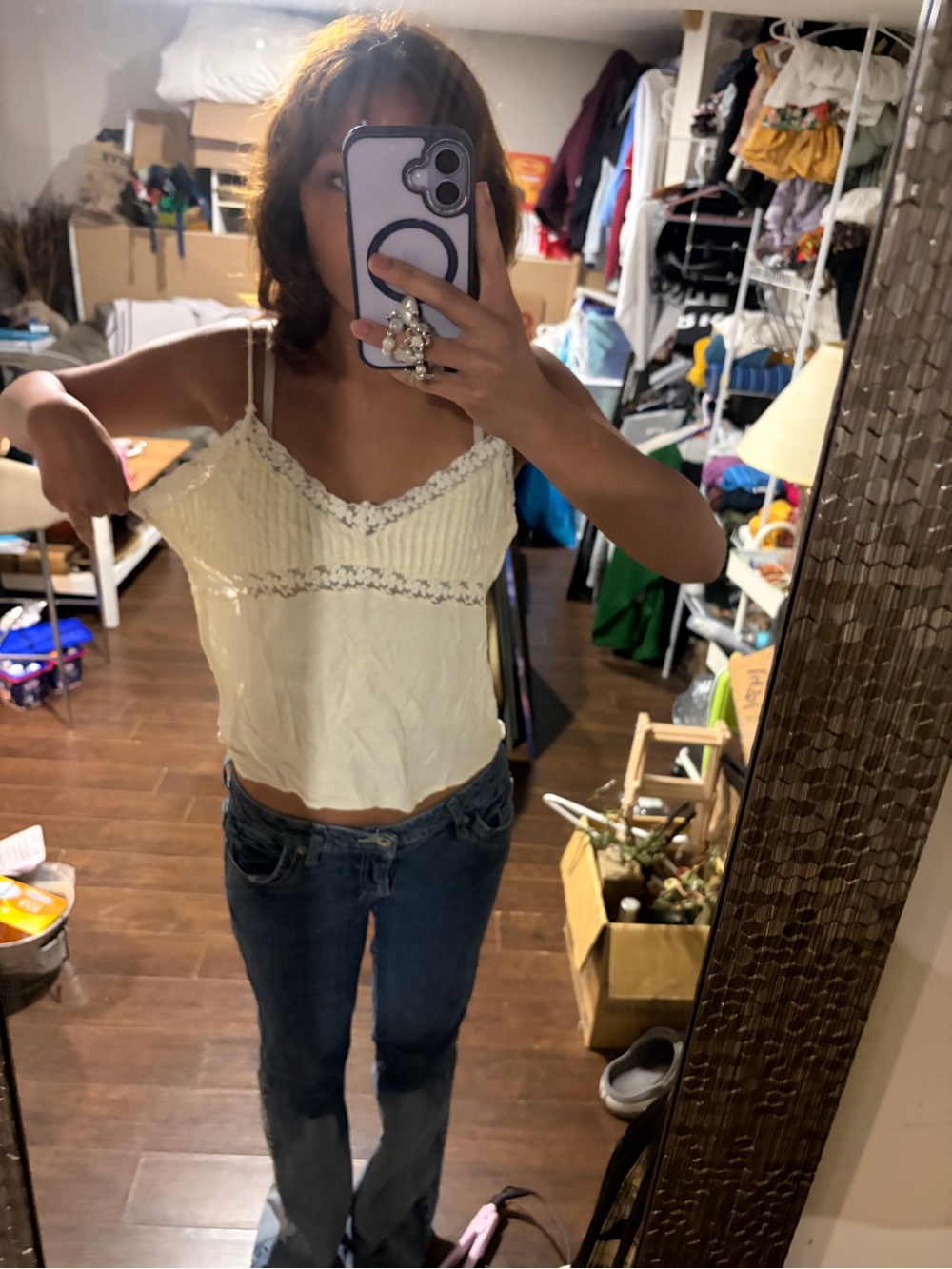Urban Outfitters Cream Lace-Trim Spaghetti Strap Cami